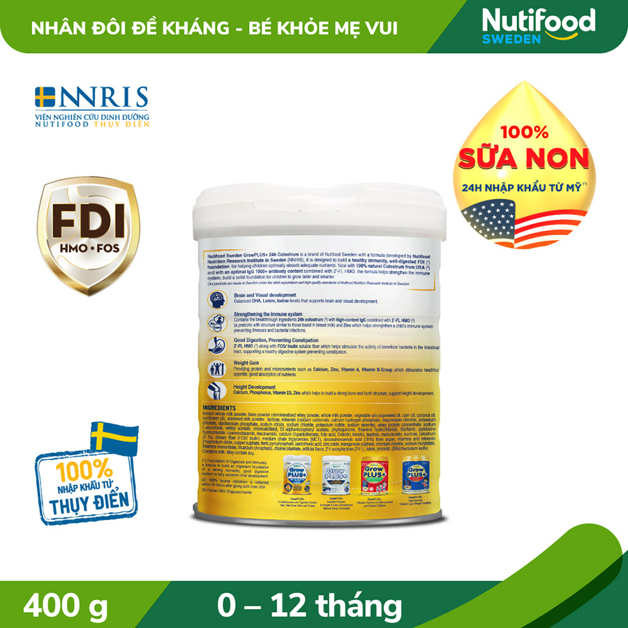 Sữa bột GrowPLUS+ Vàng - Sữa non tăng đề kháng 0-12 tháng Lon 400g