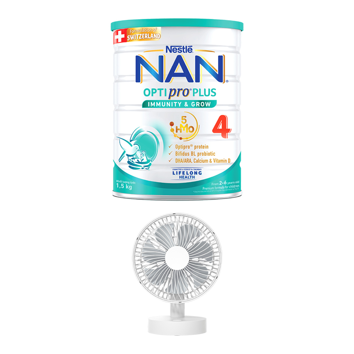 Sữa bột Nestlé NAN OPTIPRO PLUS 4 1500g/lon với 5HMO Giúp tiêu hóa tốt + Tăng cường đề kháng Tặng Quạt để bàn (2 - 6 tuổi)