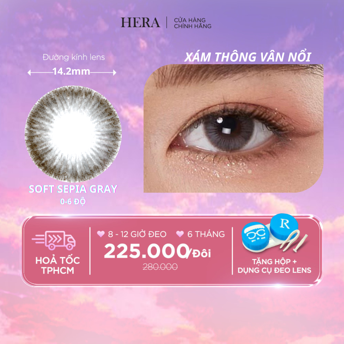 Kính Áp Tròng Hera Xám Thông Vân Nổi 0 - 6 Độ SOFT SEPIA GRAY Nhập Khẩu Hàn Quốc Lens Cận 6 Tháng