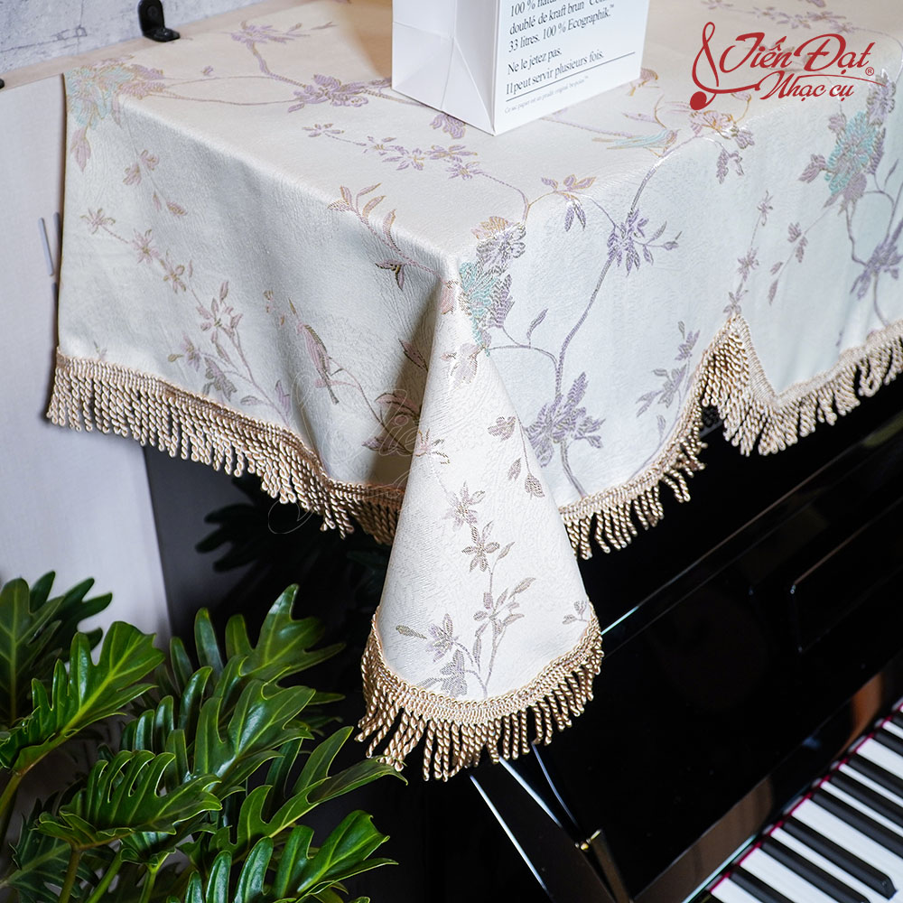 Khăn Phủ Đàn Piano Họa Tiết Hoa Phủ Kim Tuyến, Tua Rua Xoắn KU-022