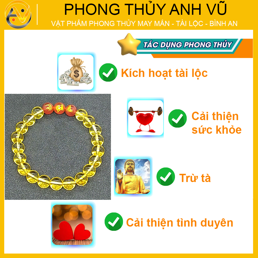 Vòng thạch anh vàng dần ngọ tuất đã khai quang - size 8 10 ly - may mắn tài lộc - Vòng Tam Hợp Anh Vũ