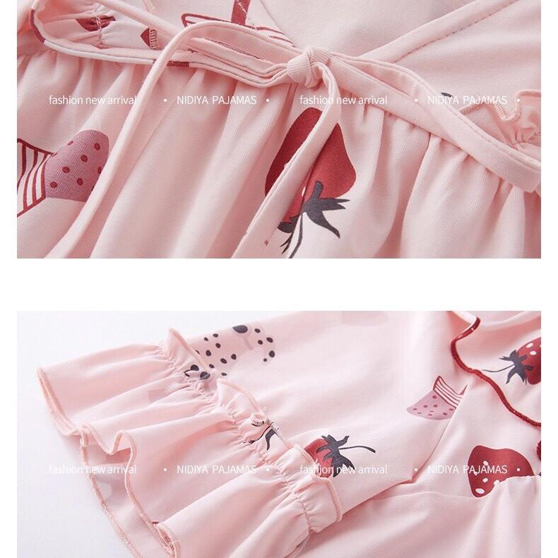 Bộ mặc nhà nữ thun cotton cổ viền bèo thắt nơ