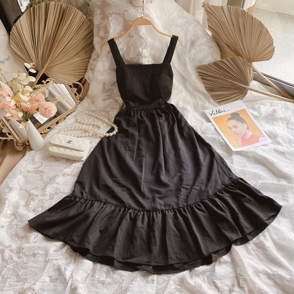 Đầm Xòe Váy Đẹp 2 Dây Đan Dây Nơ Lưng Siêu Xinh Cùng Họa Tiết Trơn Đen Trắng Trên Nền Vải Cao Cấp