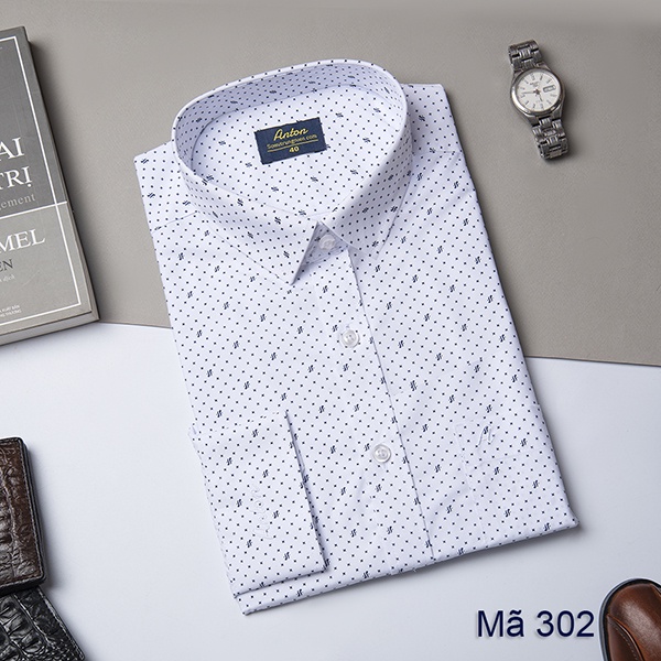 Áo Sơ Mi Nam Công Sở Trung Niên Dài Tay Trắng Vải Cotton Họa Tiết Chấm Bi Nhỏ Thương Hiệu Anton - X302 - 39