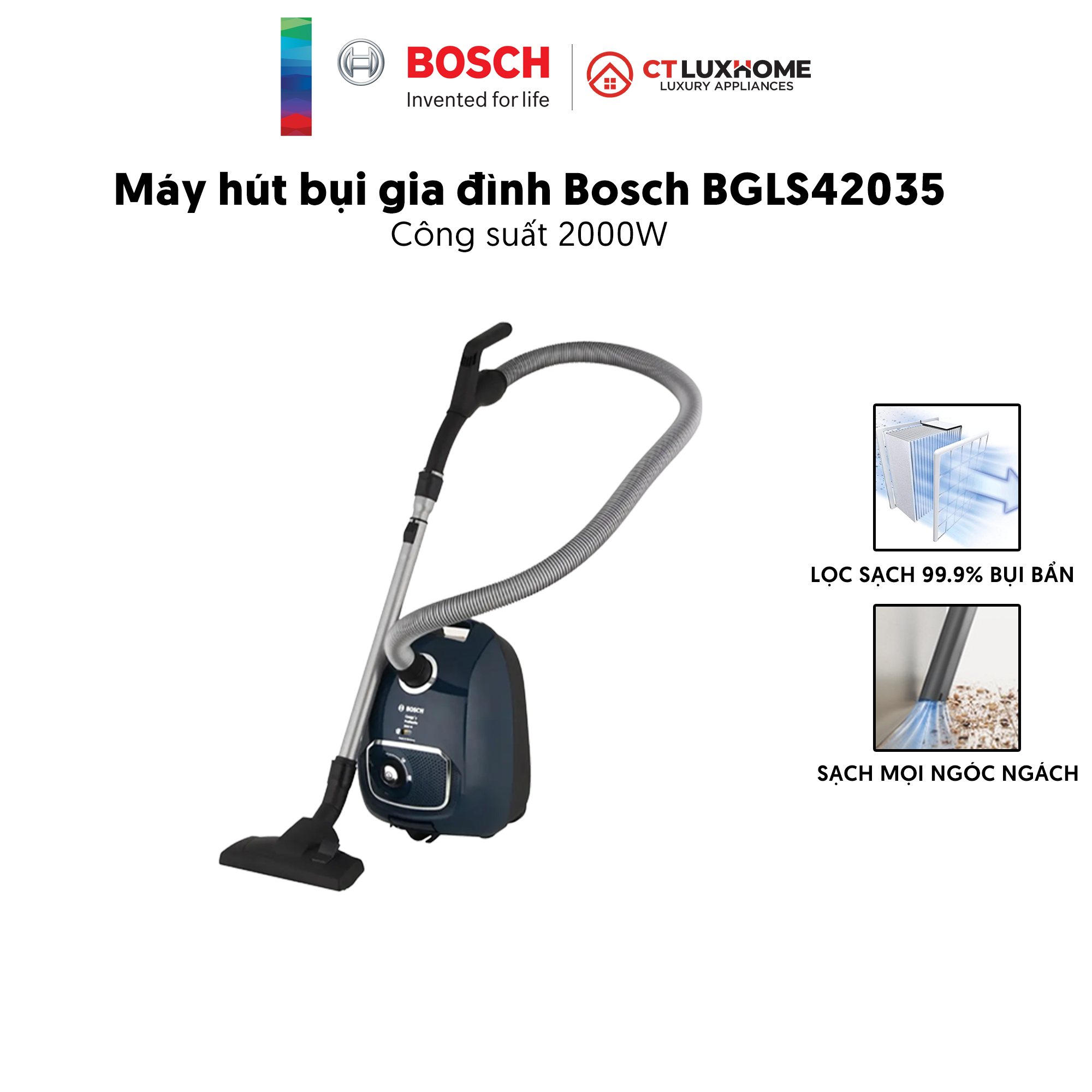 Máy Hút Bụi Có Dây Bosch BGLS42035, 2000W, 10A, 10m, túi chứa bụi 4 lít [Hàng chính hãng]