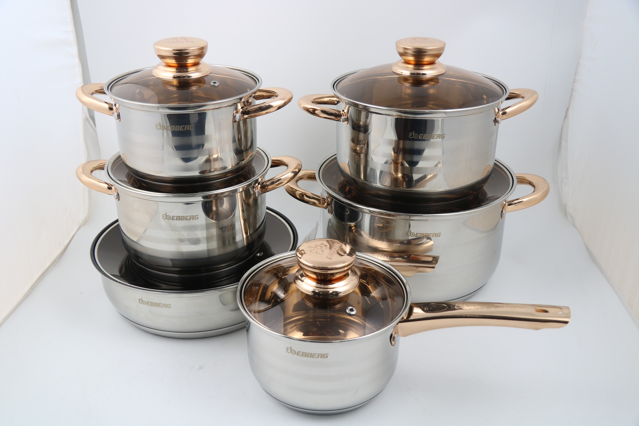 Bộ 6 Nồi Chảo Inox 5 Đáy Eb EBBERG EB-811 (EB-813/EB-8013/EB-8013B) Dùng Mọi Bếp - Hàng Chính Hãng