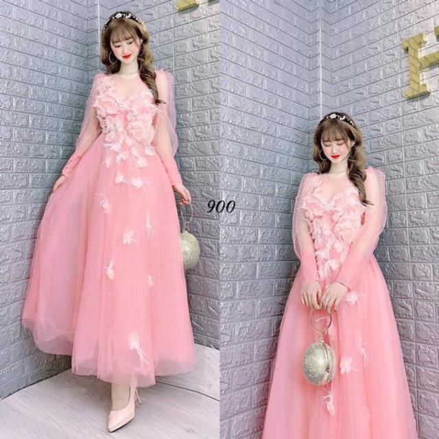 Đầm Maxi xoè tay dài phồng kết cườm và hoa nổi -MS202V- Size M/L đến 57kgMM MM