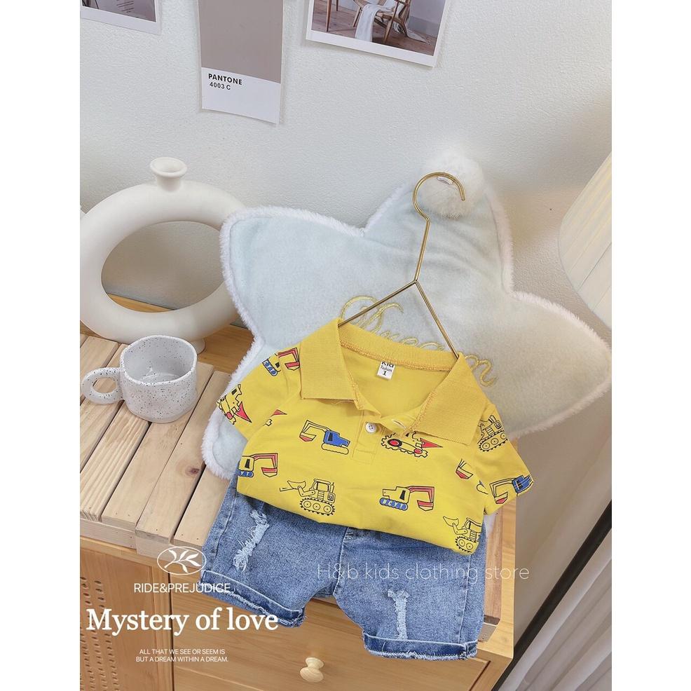 Bộ cộc tay bé trai, bộ áo cổ bẻ cotton quần jean chô bé 10-20kg