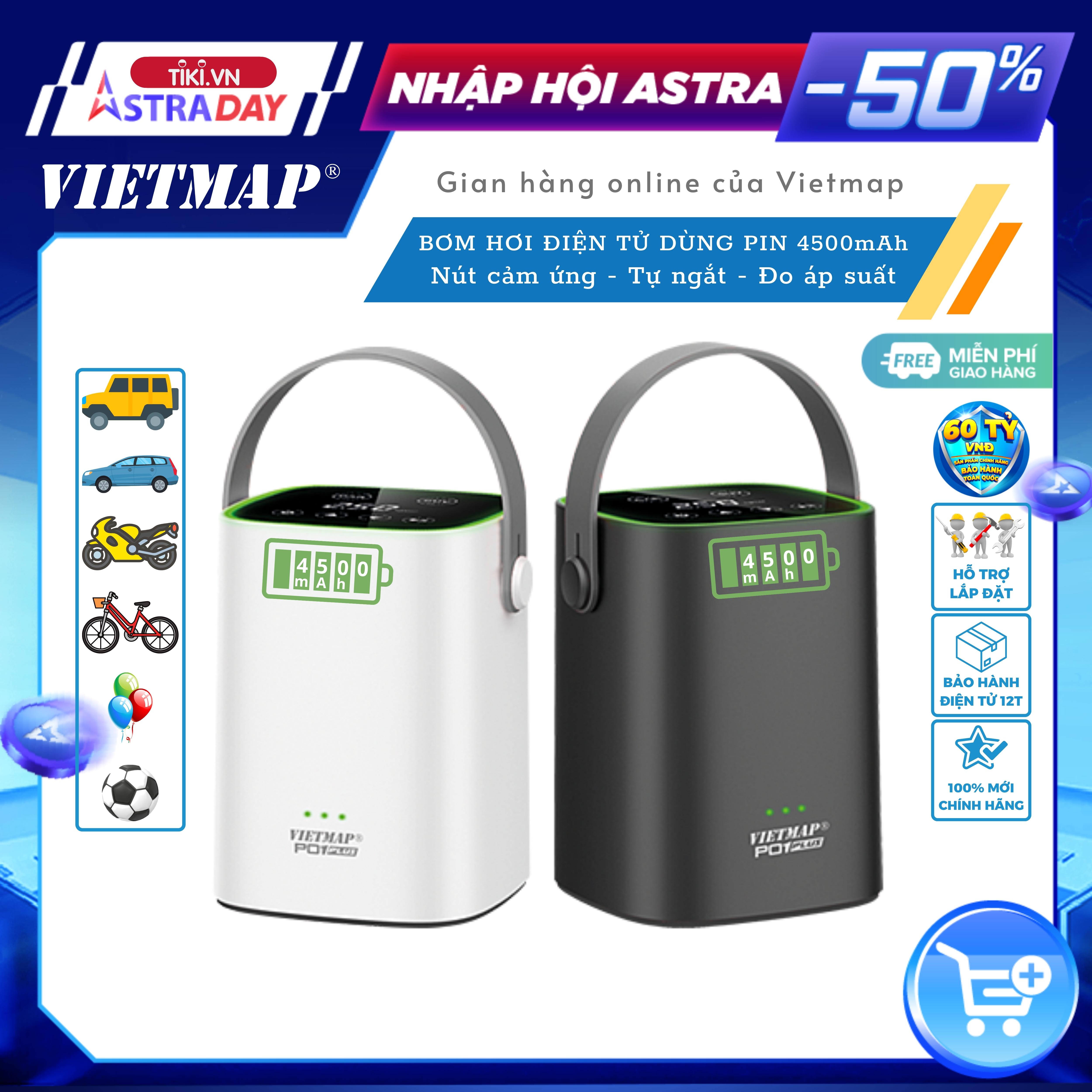 VIETMAP P01 Plus - Bơm Lốp Điện Tử Thông Minh Pin 4500mAh - HÀNG CHÍNH HÃNG