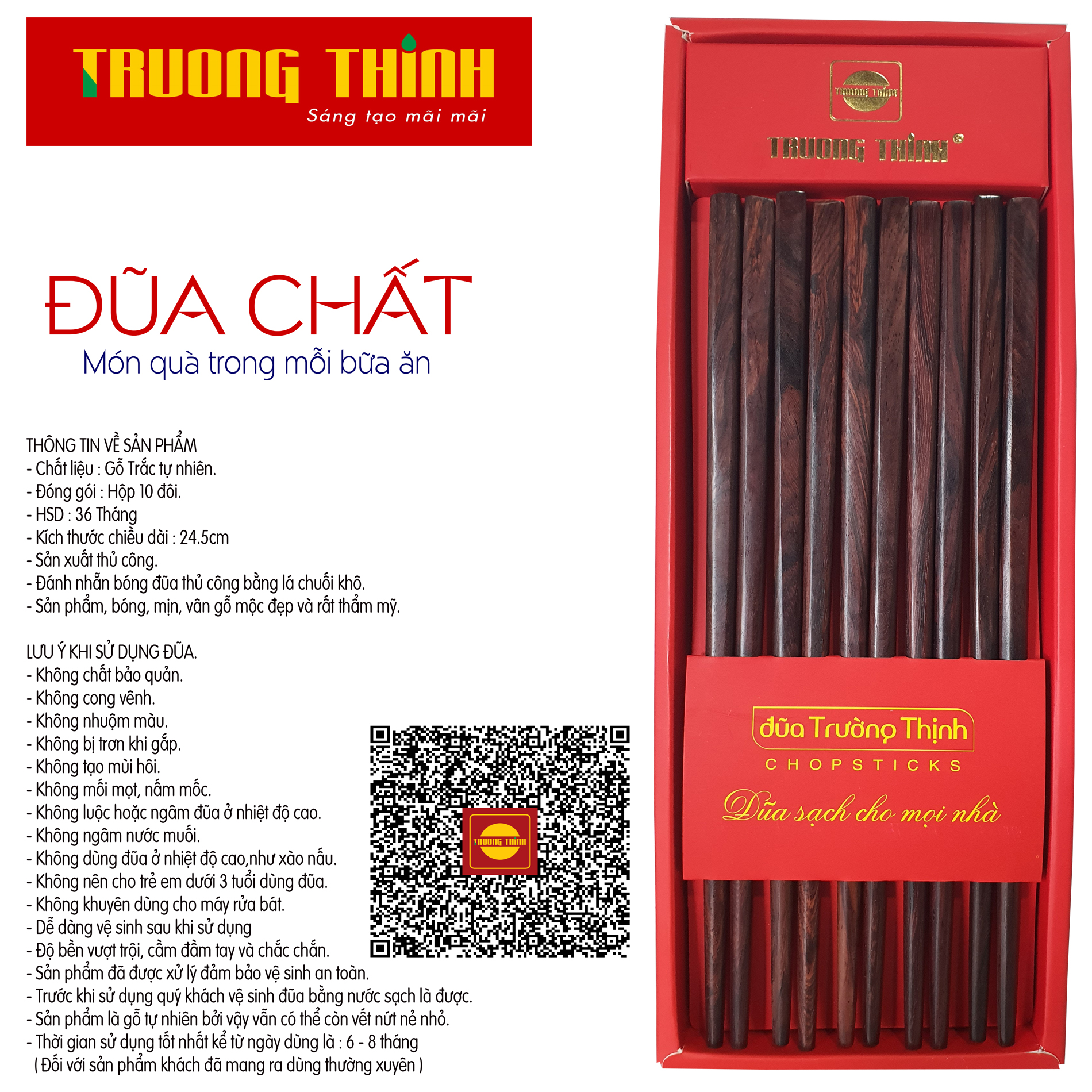 Đũa Gỗ Trắc Vân Cao Cấp Trường Thịnh Loại Đặc Biệt/ Hộp Màu Đỏ/ 10 Đôi Vuông Trơn