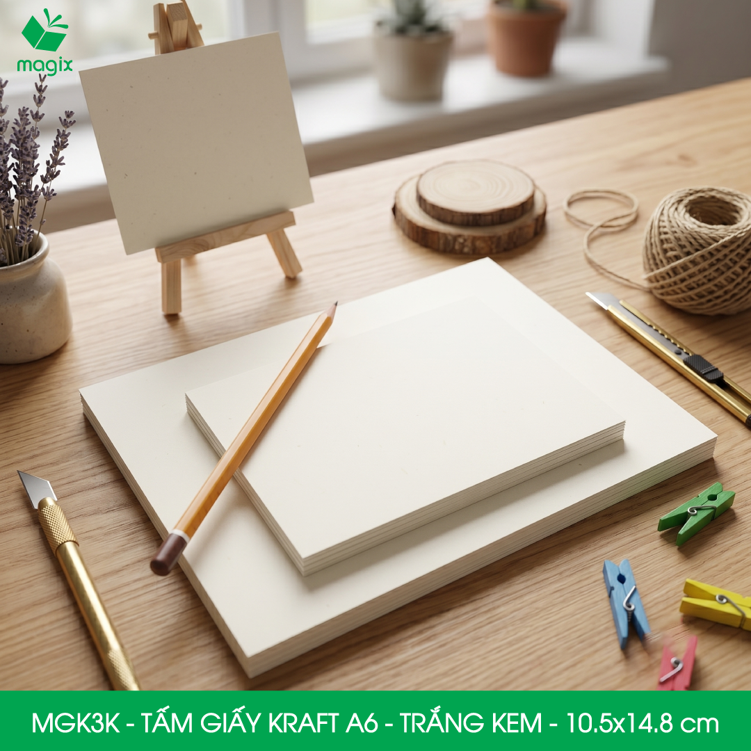 MGK3K - A6 - 100 gsm - 500 tờ giấy kraft trắng kem - Giấy mỹ thuật in ấn, làm ruột sổ, vẽ phác thảo
