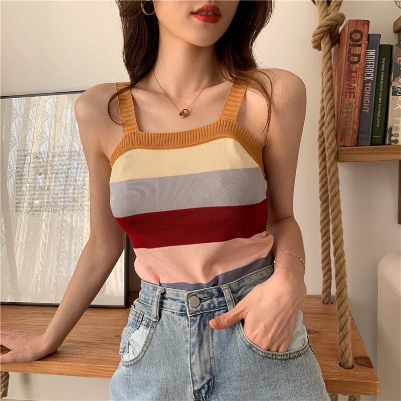 Áo dệt kim không tay phối hoạ tiết kẻ sọc ngang nữ tính