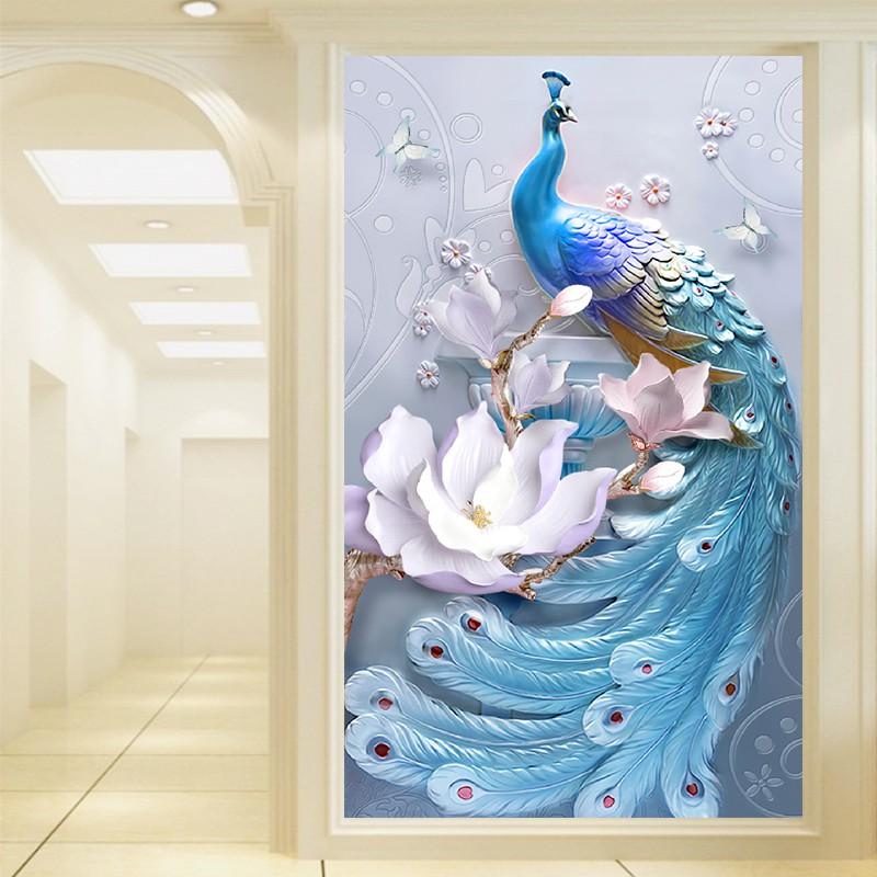 Tranh dán tường 3d chim công in trên chất liệu vải lụa, trang trí phòng khách- Huyền Chi- Đặt in theo kích thước yêu cầu