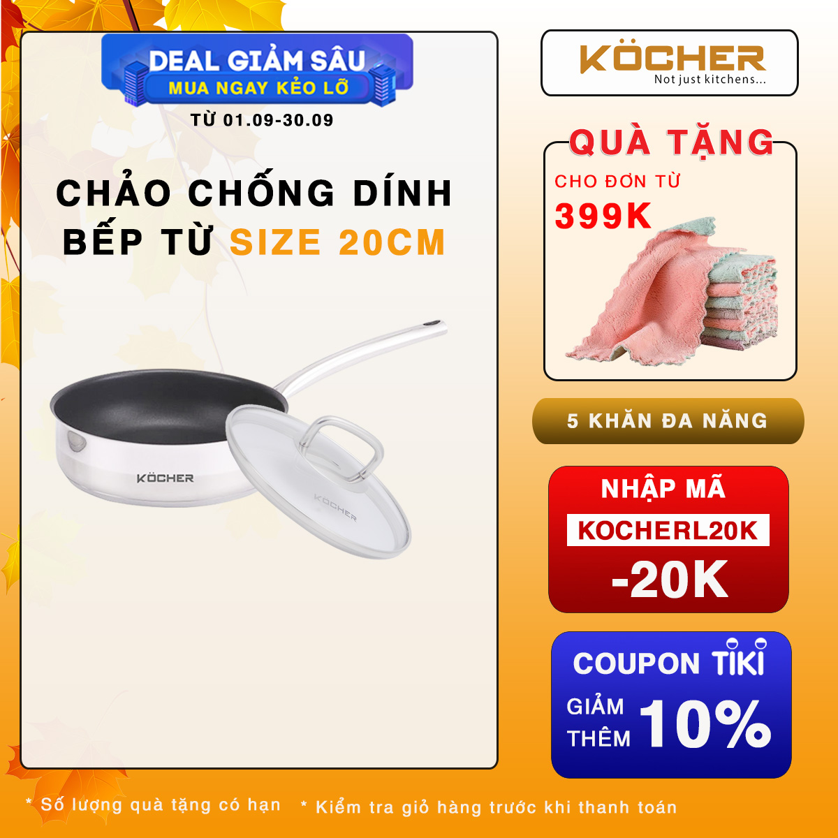 Chảo Chống Dính Bếp Từ, Chảo Đáy Từ Sâu Lòng KOCHER Có Nắp Kính Kocher Cao Cấp Size 20cm