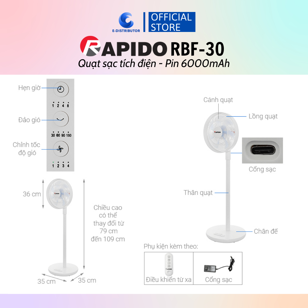 Quạt sạc điện có điều khiển Rapido RBF-30 (Pin 6000mAh) - Hàng chính hãng - Công suất: 30W  - Chế độ gió: Gió thường