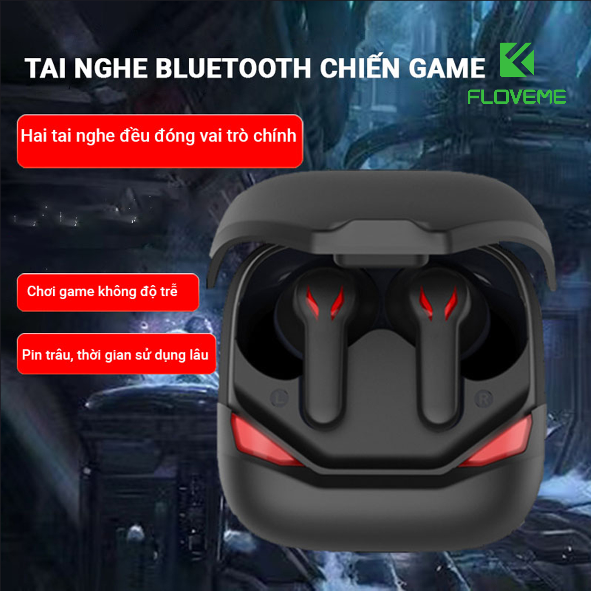 Tai nghe không dây Gaming HQ10 TWS FLOVEME -  Bluetooth 5.0 - Độ trễ cực thấp - Âm bass mạnh mẽ - Kèm micro - Chống nước tiêu chuẩn IPX5 - Hàng chính hãng