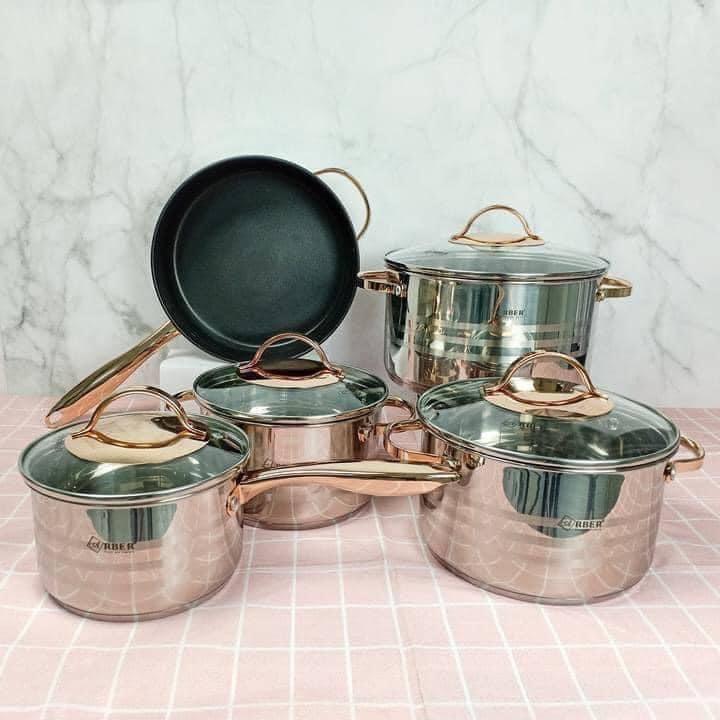 Bộ nồi inox 5 đáy ARBER AN05 BRASS 16,18,20,24cm, 1-6L, Bộ nồi chảo chống dính đáy từ 5 chiếc dùng cho bếp từ, bếp điện
