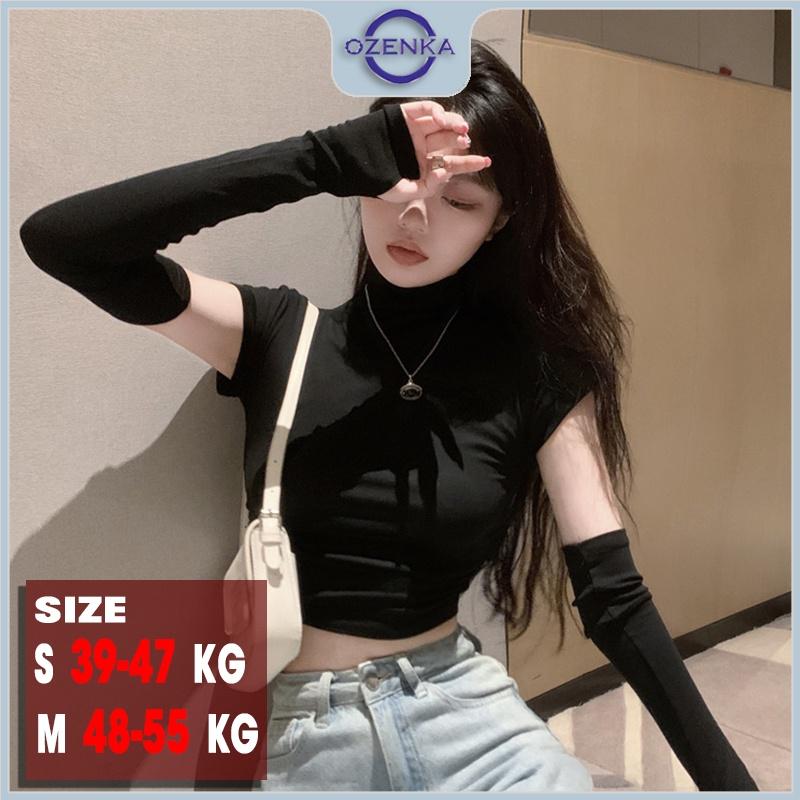 Áo croptop hở lưng cộc tay cổ lọ nữ ozenka , áo crt ôm body thun cotton màu đen trắng dưới 55 cân