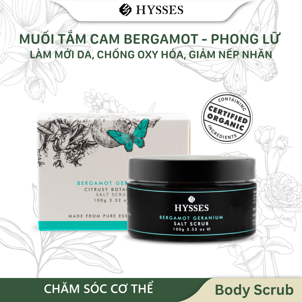 Muối Tẩy Tế Bào Chết Cao Cấp Hysses Salt Scrub Giúp Kháng Khuẩn, Làm Sạch Lỗ Chân Lông, Sáng Da, Tăng Cường Lưu Thông Máu Với Tinh Dầu Cam Bergamot & Hoa Phong Lữ Hữu Cơ Tự Nhiên