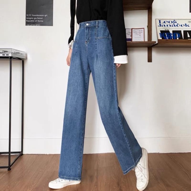 Quần Jeans Ống Suông Rộng Cạp Cao Nhiều Túi Hàng Quảng Châu Chất Dày Đẹp