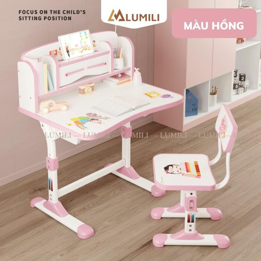 Bộ bàn học sinh Lumili D1 có giá sách chống gù chống cận, bàn học thông minh kèm kệ sách phù hợp cho học sinh tiểu học