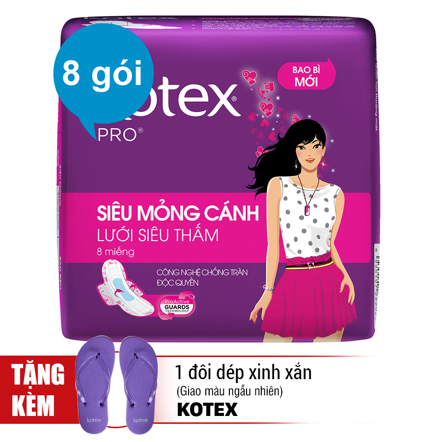 Combo 8 Gói Băng Vệ Sinh Kotex Pro Siêu Mỏng Cánh (8 Miếng / Gói)