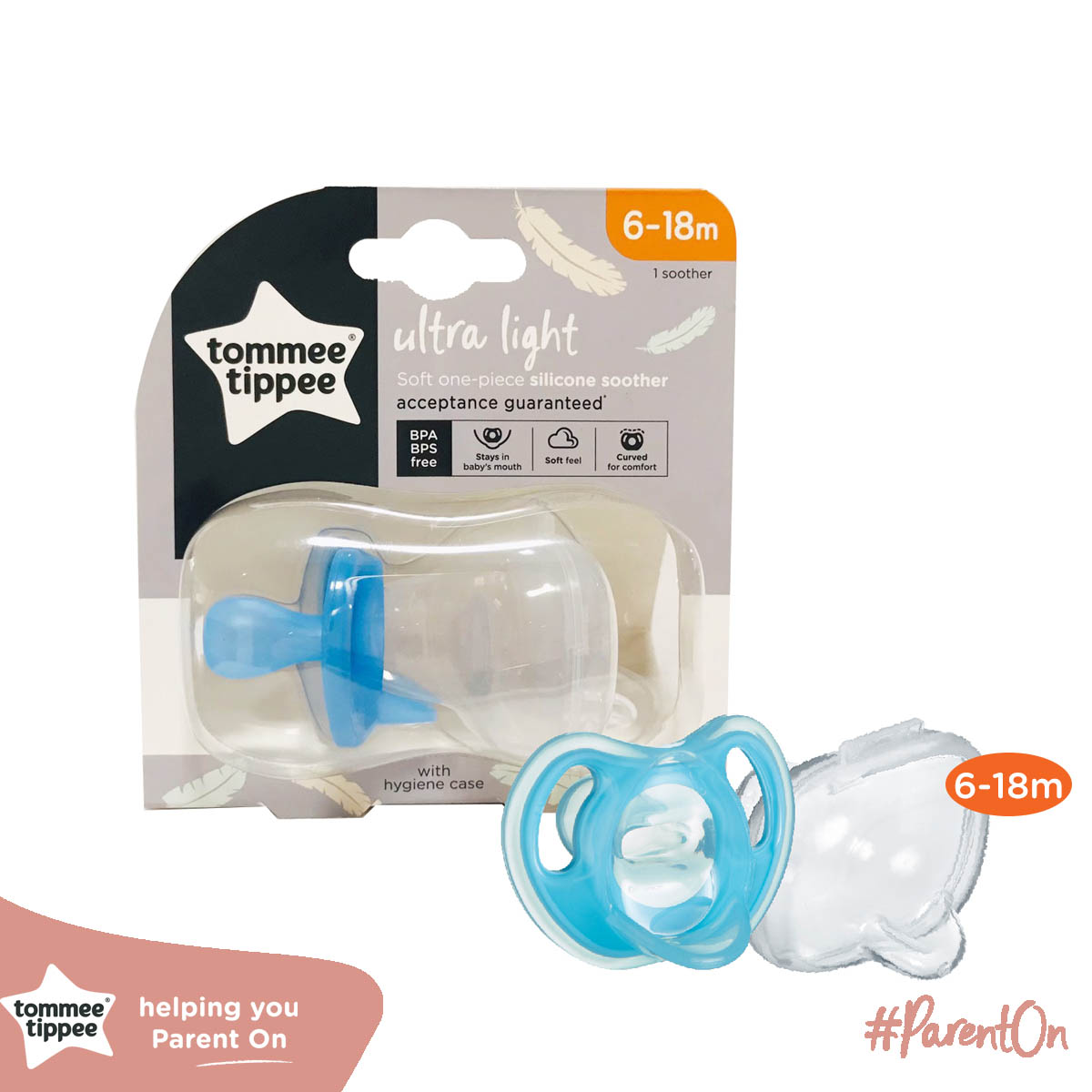 Ty ngậm silicon siêu nhẹ cho bé Tommee Tippee Ultra Light 6-18 tháng (vỉ đơn) - Xanh dương