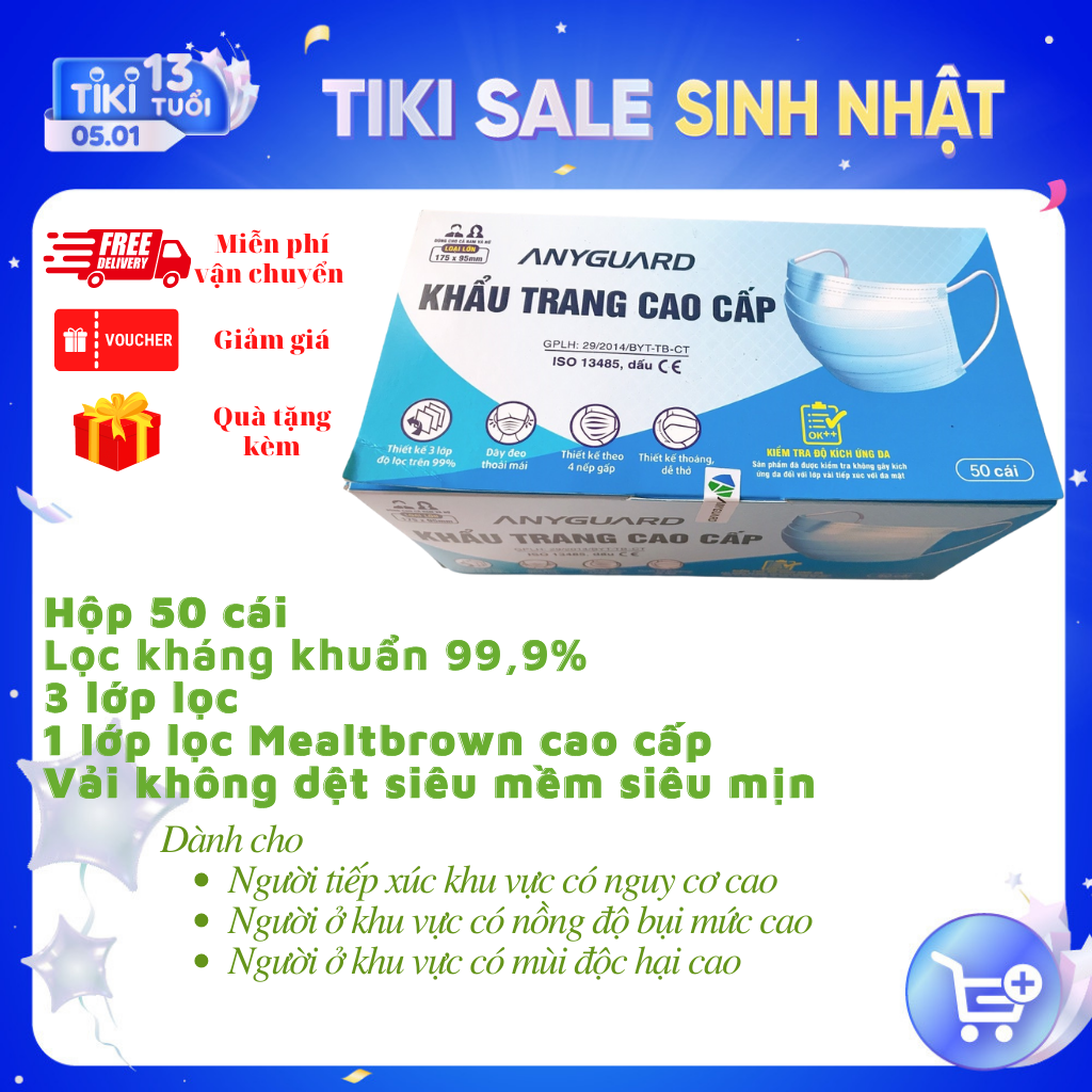 Khẩu trang y tế cao cấp ANYGUARD , Hộp 50 cái