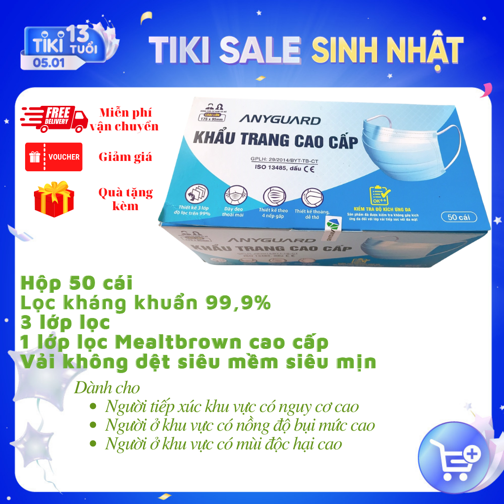 Khẩu trang y tế cao cấp ANYGUARD (ISO13485, FDA, CE), Hộp 50 cái