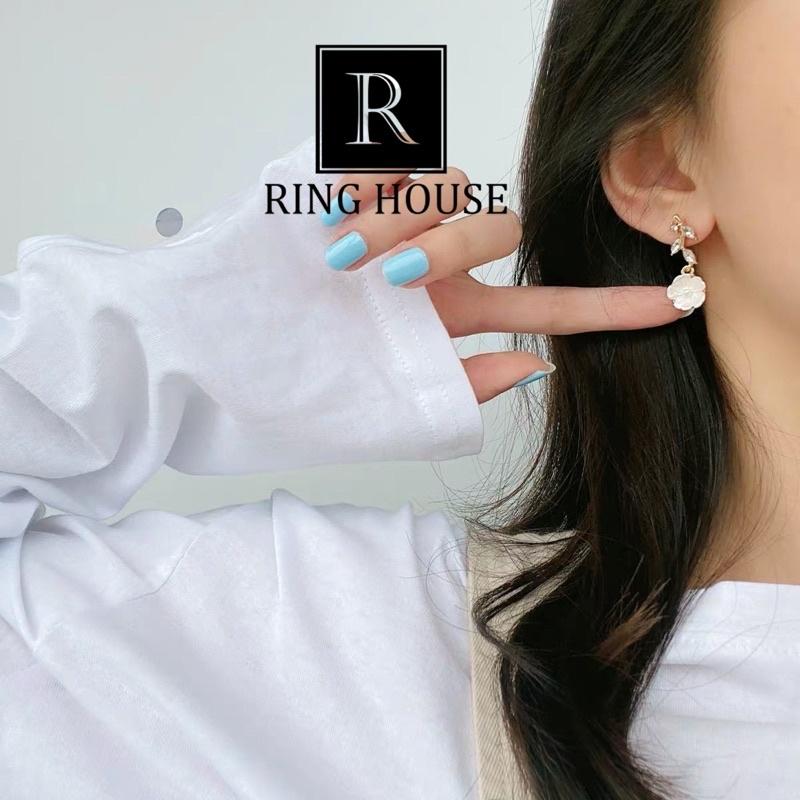 Bông Tai Khuyên Tai Nữ Cành Hoa Trắng Lá Đính Ngọc Ngược Sáng Đẹp