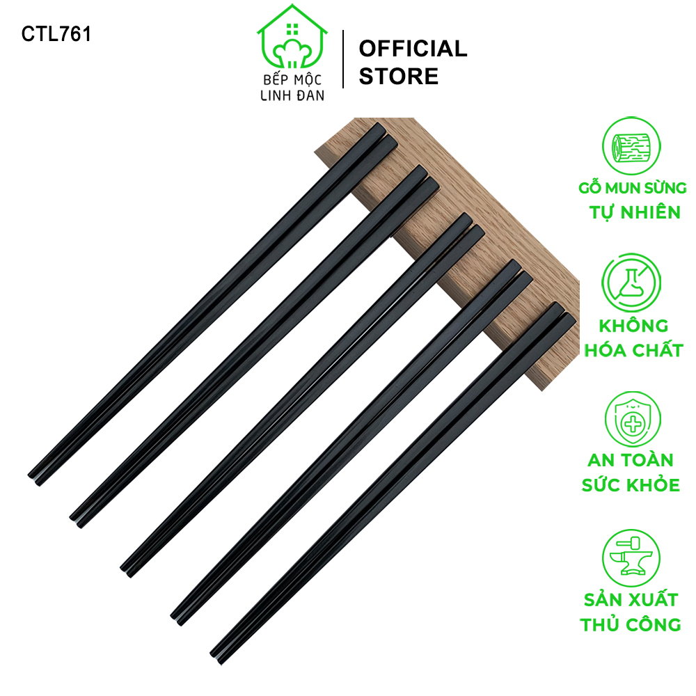 (5 Đôi) Đũa Nhật gỗ Mun Sừng Tự Nhiên Cao Cấp HAHANCO [CTL761-5] Đầu Gắp Thon Nhỏ