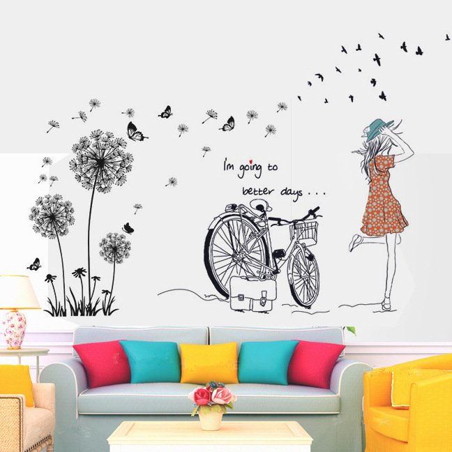 Decal dán tường hoa bồ công anh và cô gái combo trang trí lãng mạn