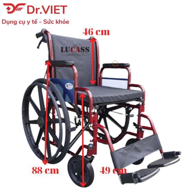 Xe lăn Lucass X-37BJ Xe lăn thép sơn tĩnh điện, thắng tay, gác chân tháo rời cho người già, người đi lại khó khăn