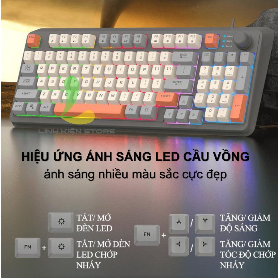 Bàn phím giả cơ gaming XUNFOX K82 - Bàn phím chơi game thiết kế 94 phím có đèn led 7 màu kèm theo nút vặn âm lượng - Hàng nhập khẩu