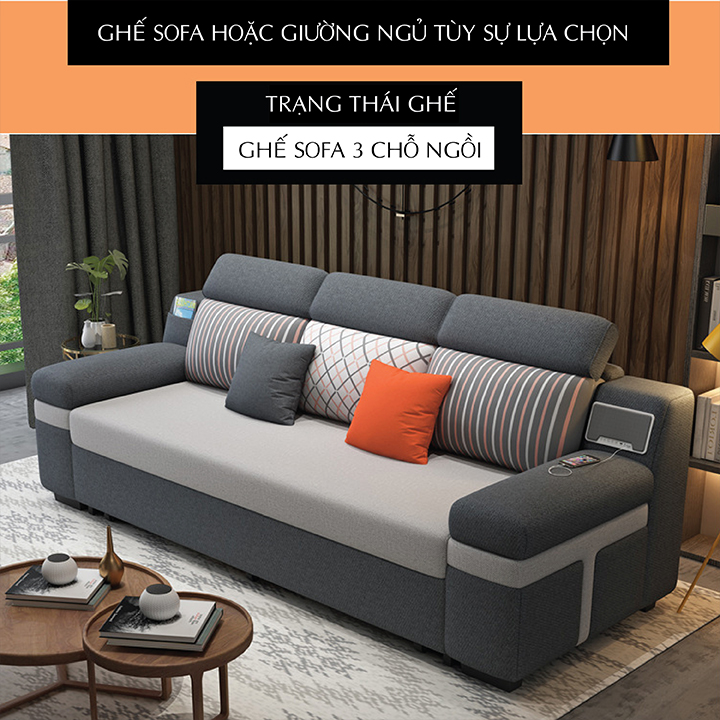 Giường Sofa Cao Cấp , Ghế Sofa Vải Lanh Mịn Có Loa Nghe Nhạc ,Toàn Bộ Khung Băng Sắt Sơn Tĩnh Điện KT Rộng180cm Dài200cm