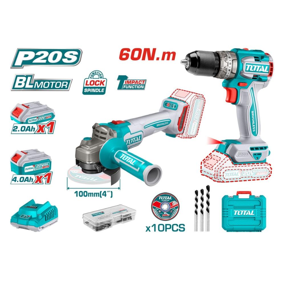 BỘ COMBO MÁY MÀI GÓC TAGLI2110 4 &amp; MÁY KHOAN BÚA TIDLI20602 KHÔNG CHỔI THAN DÙNG PIN 20V TOTAL TCKLI2027310 - HÀNG CHÍNH HÃNG