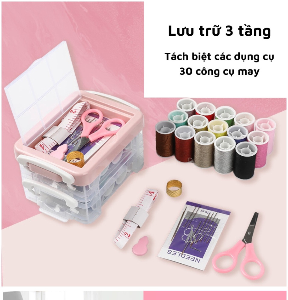 Bộ Hộp Kim Chỉ May Vá Đa Năng Gia Đình NHIỀU TẦNG T3 - Kim Khâu, Chỉ, Kéo, Thước Dây, Đủ Size Màu Mini