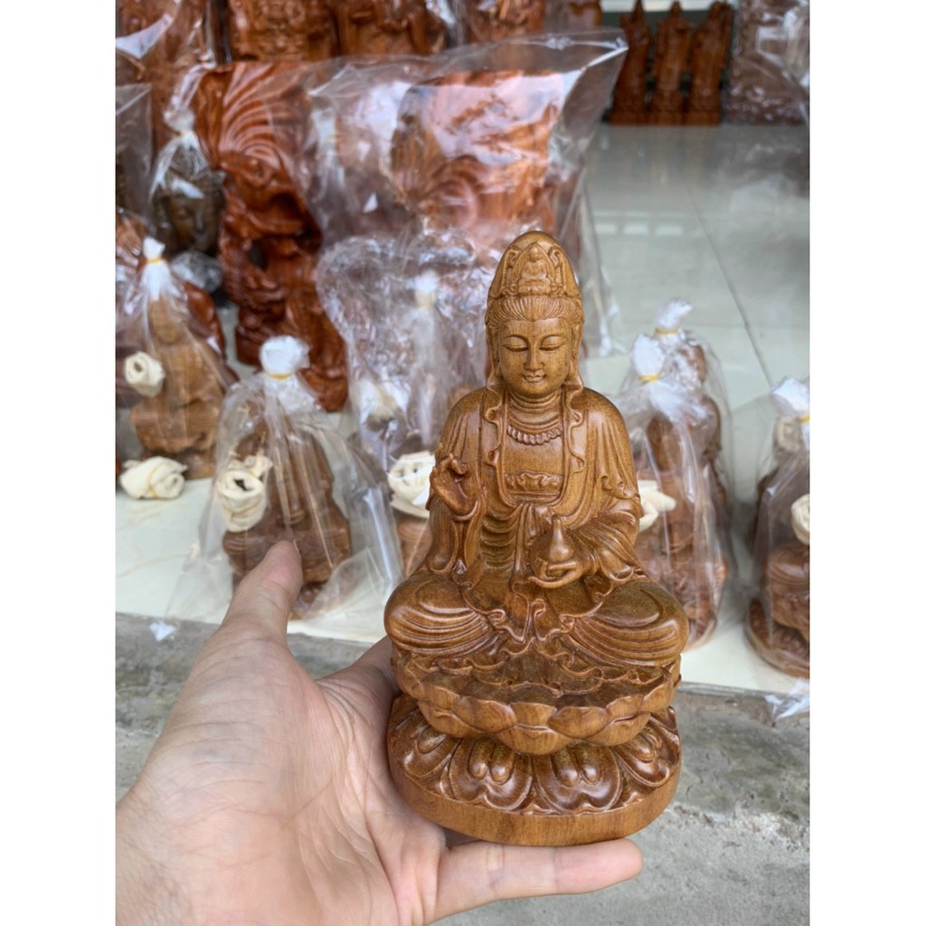 Tượng phật quan âm phong thủy gỗ bách xanh cao 15 cm