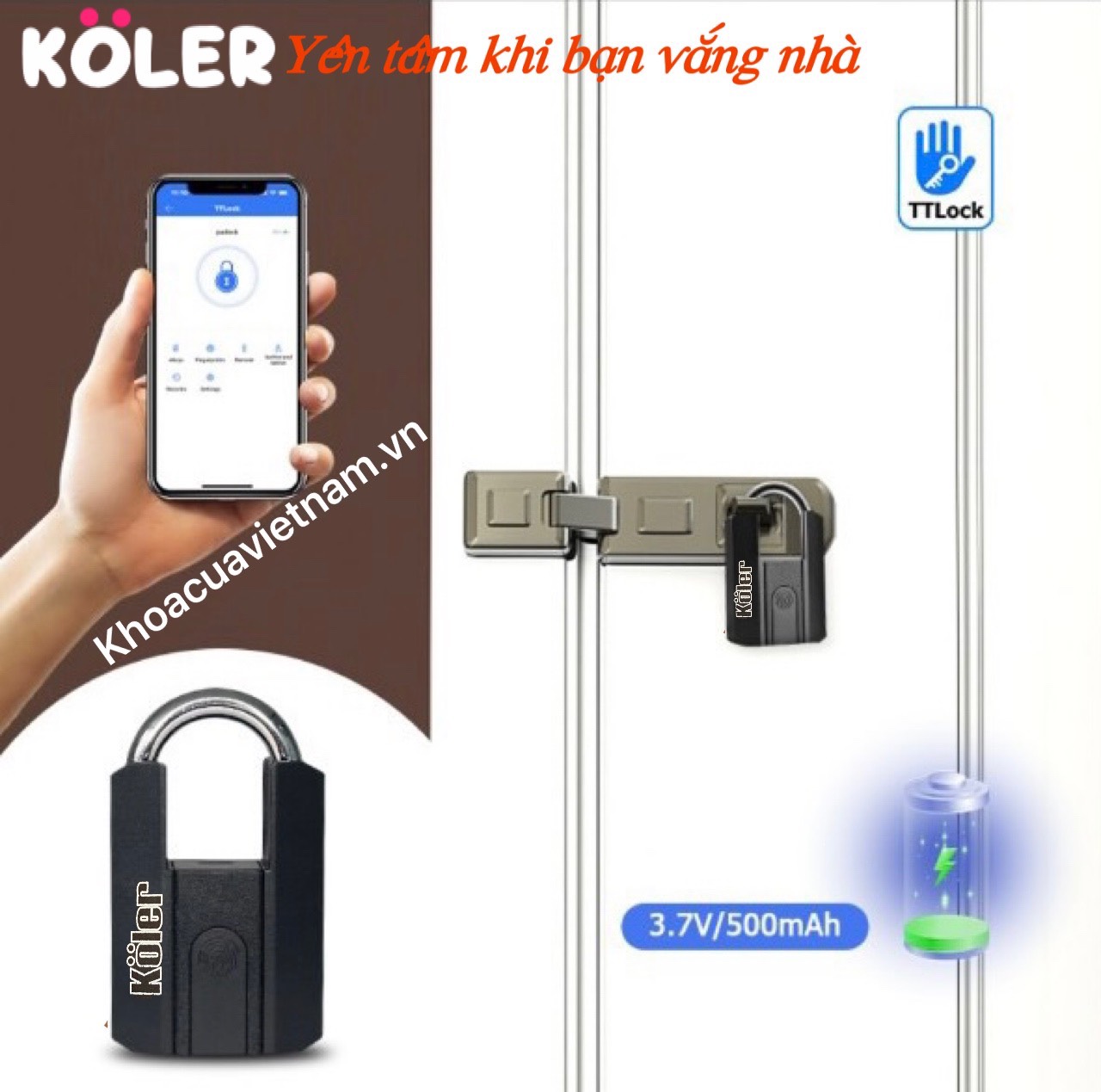 Khóa Móc Vân Tay KOLER. Mở Bằng APP, Vân tay và Chìa cơ. Chống Nước Và Quản Lý Mở cửa.