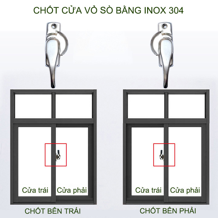 01 Chốt cửa vỏ sò bằng inox 304 không gỉ, dùng cho cửa sổ trượt, lùa, xoay đều được