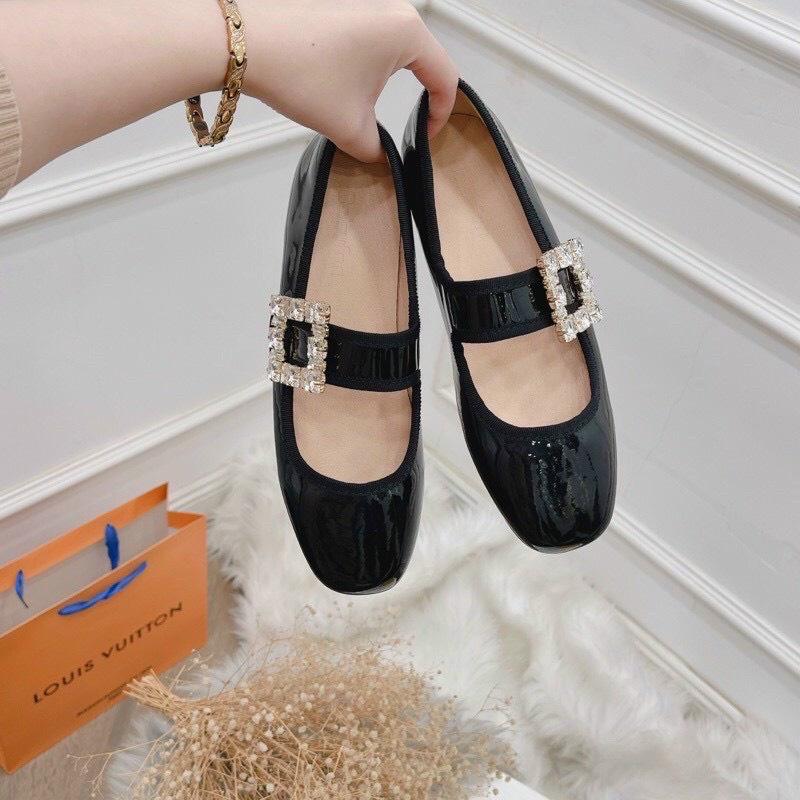 Giày búp bê nữ đế bằng mũi vuông da bóng quai ngang đính đá phong cách Hàn Quốc trẻ trung - Mã G56