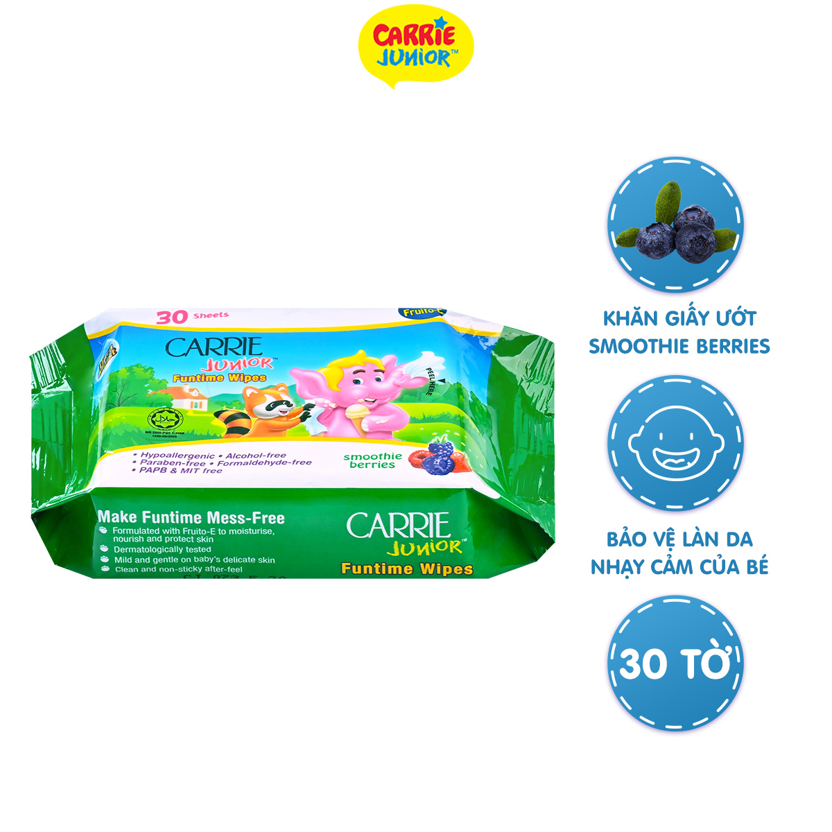 Khăn Giấy Ướt Carrie Junior Funtime Smoothie Berries 30 tờ/ gói