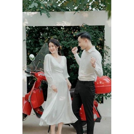 Đầm midi trắng chéo cổ đính hạt