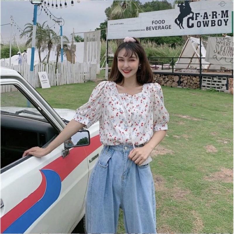 Áo sơ mi hoa nhí _ cổ vuông tay lỡ _ áo sơ mi kiểu Hàn Quốc Ulzzang _ bigsize _ size lớn chất đẹp