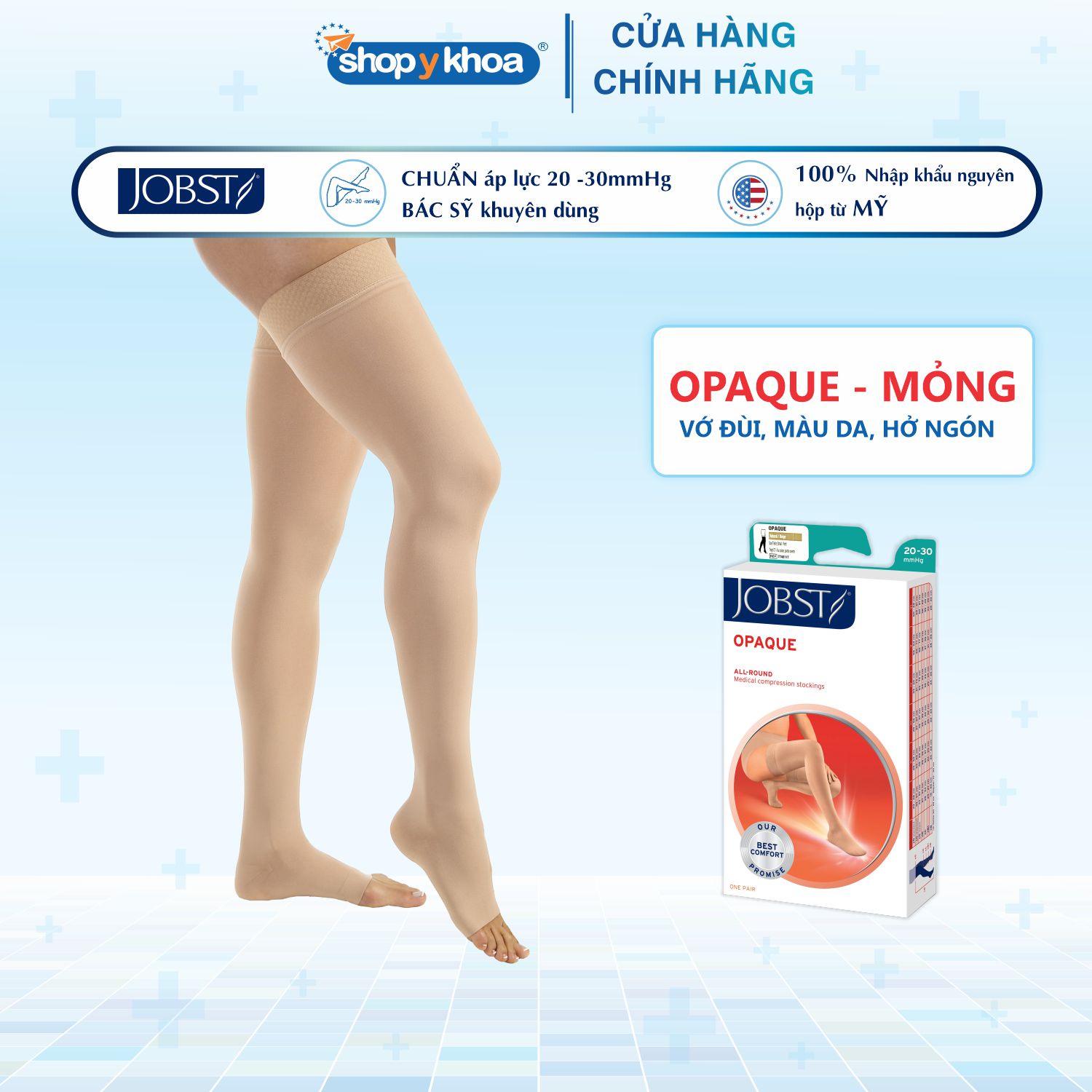 Vớtất y khoa JOBST Opaque - Mỏng Hỗ Trợ Điều Trị giãn tĩnh mạch chân, 20-30 mmHg vớ đùi - Da - S