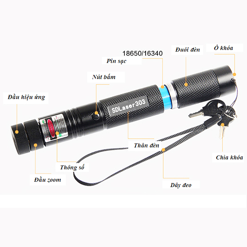 Đèn laser siêu mạnh đèn lazer 303 tia xanh lá, đèn chiếu lazer dạy học