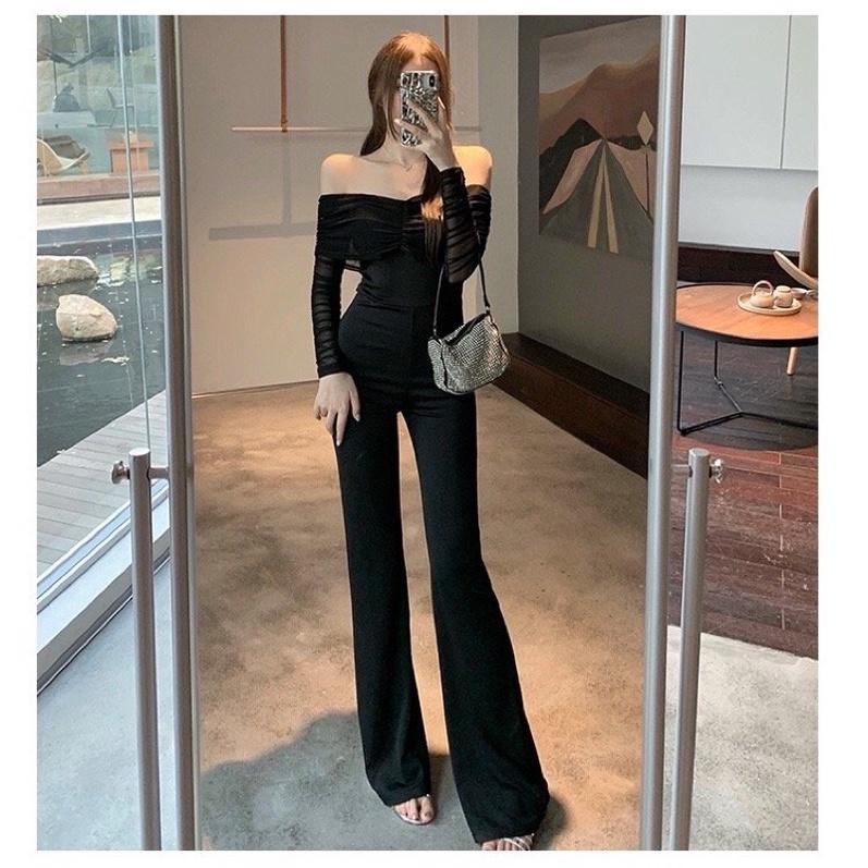 Jumpsuit nữ đồ bay thiết kế phối lưới màu đen sang trọng