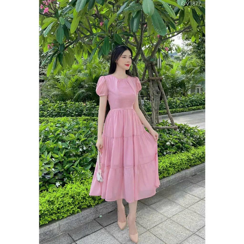 Đầm midi xòe tay phồng cổ tròn thùy mị