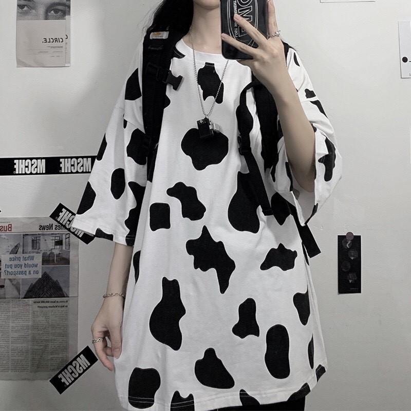 Áo thun tay ngắn unisex FREE SIZE họa tiết bò sữa phong cách thời trang cho giới trẻ.