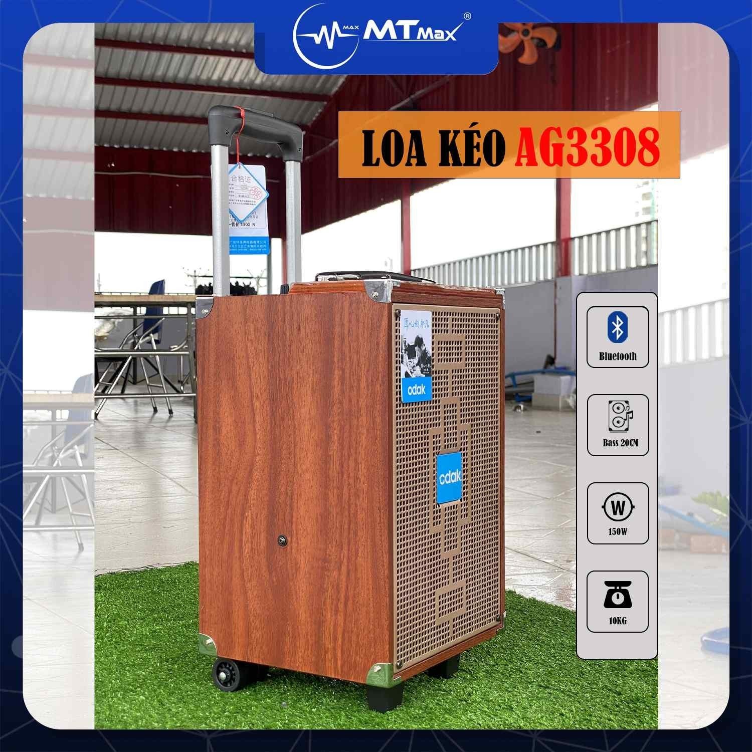 Loa Kéo AG3308 150W - Thiết Kế Độc Đáo - Đa Dạng Cổng Kết Nối Bluetooth, USB, AUX, Thẻ Nhớ TF có 2 micro không dây cao cấp